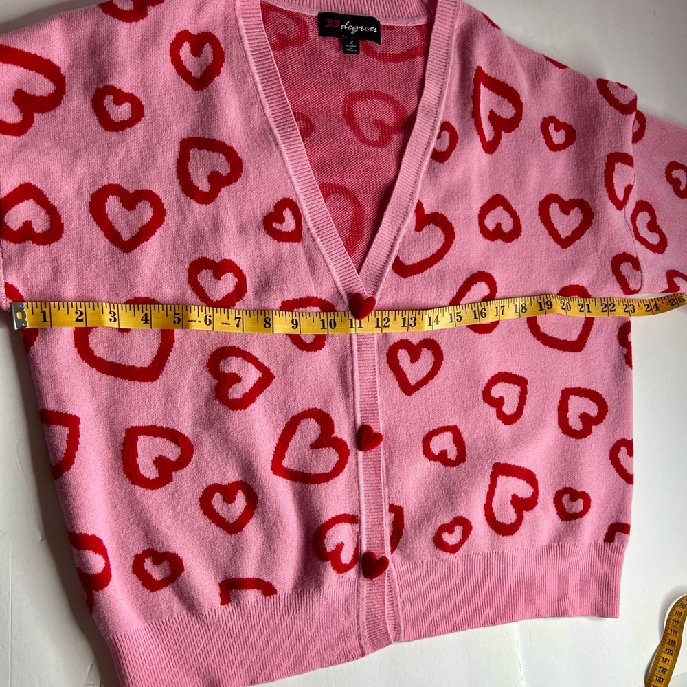 33 Degrees Pink and Red Heart Cardigan women sz Large Valentines cottagecore - Picture 10 of 12